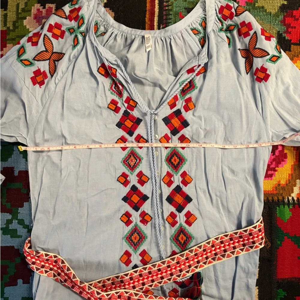 Embroidered Light Blue TRF Dress with Red and Orange Accents - Picture 6 of 9